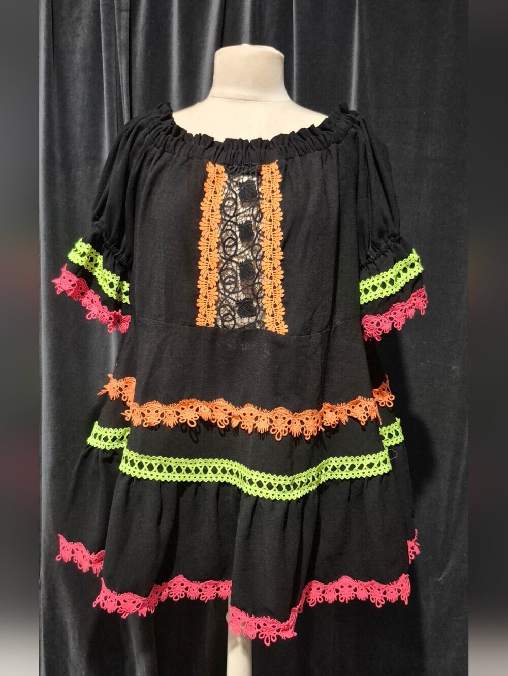 Black Peasant Dress with Neon Trim